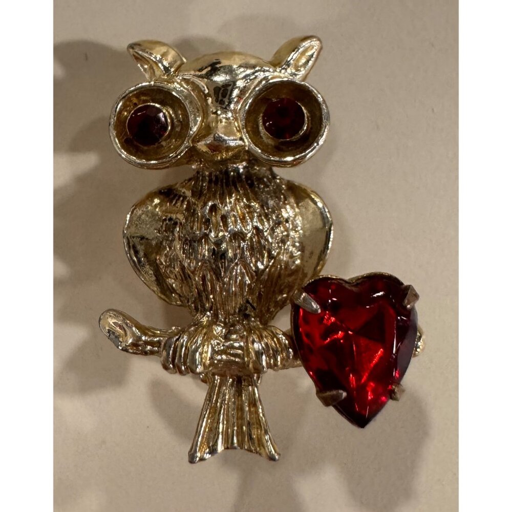 Vintage Signed Judy Lee Owl Pin Red Eyes & Heart Rhinestones.